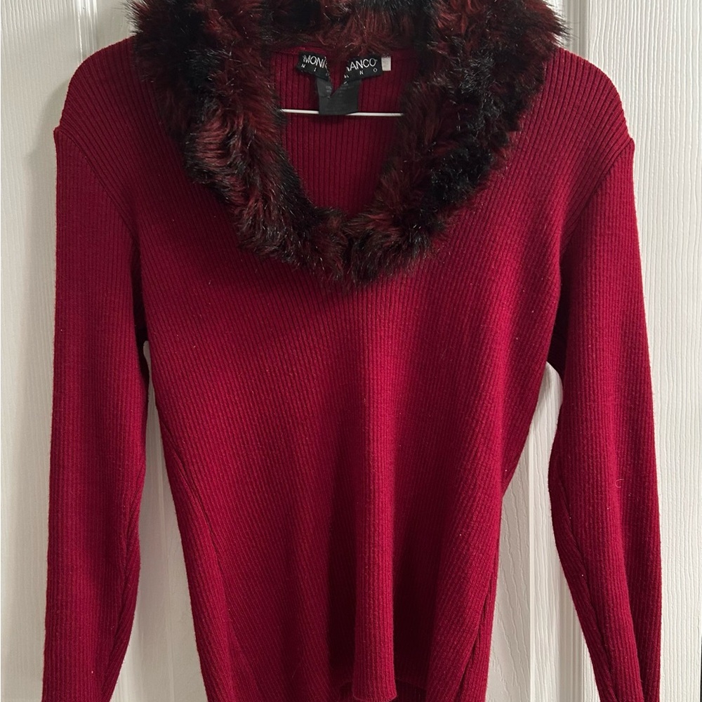 Vintage 90s/Y2K Deep Red Sweater with Faux Fur Collar
